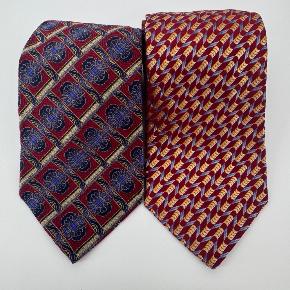 XMI Platinum Mens Silk Tie Lot 2 Red Blue Gold Geometric Floral Handmade USA
